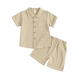 Baby Jungen Sommer Baumwolle-Leinen Gentlemen Anzug 2 Teiliges Baumwolle Kurze Hosen Set Kurzarm Knopfleiste T-Shirt+Elastischer Bund Kurze Hosen Set Baby Jungen Lässiges Baumwolle-Leinen Outfits