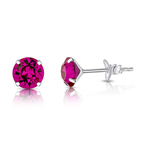 DTPsilver - Boucles d'oreilles/Clous en Argent Fin 925 et Cristaux de Swarovski® Elements Ronds - Diamètre: 6 mm - Couleur: Fuchsia