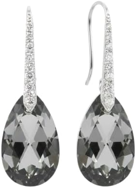 A SHER'S CREATION Austrian Crystals Earrings French Hook Designer Unique stamped Silver Pure 4 Microns thick drop for Women Silver -Night - deep grey color 22 mm