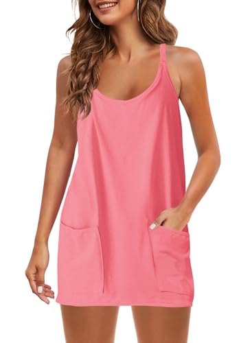 Image of Panadila Womens Summer Sleeveless Mini Dress V Neck Spaghetti Strap Sundress Athletic Short Dress with Pockets