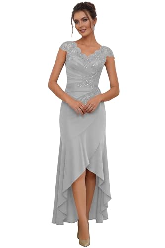 Teplpce Mother of Bride Dresses Tea Length Lace Appliques Silver Mermaid Petite Mother of Groom Dresses for Wedding Chiffon Formal Dress Size 6
