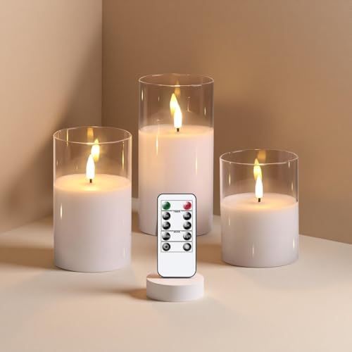 Clear Glass Flameless Candles Battery Operated with Timer, Remote Control, LED Pillar Candles Battery Powered, D3 H4 5" 6", Set of 3 (White)