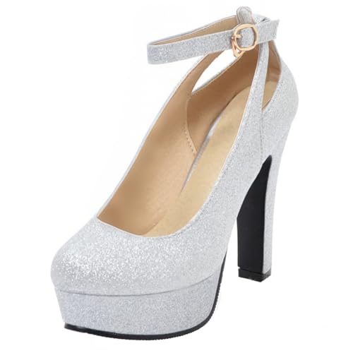 HSyc JRX High Heels Blockabsatz Plateau Pumps mit Riemchen Glitzer Damen Hochzeit Schuhe Silber 37