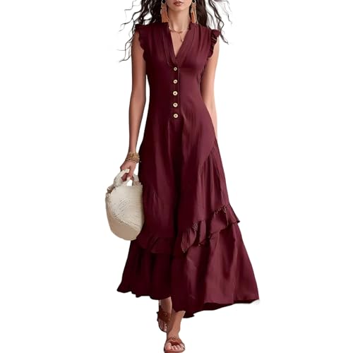 Robe col v volants boutons decoratifs, la légèreté absolue