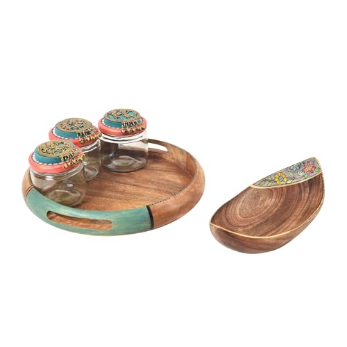 Image of AAKRITI ART CREATIONS Elegant Entertainers Serving & Snacking Set | Warli Art Wooden Tray with 3 Glass & Dhokra Jars | Glossy Multicolor Kitchen & Dining Table Decor