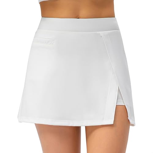 Saia de tênis feminina de golfe saia esportiva leve com fenda lateral, Branco, P