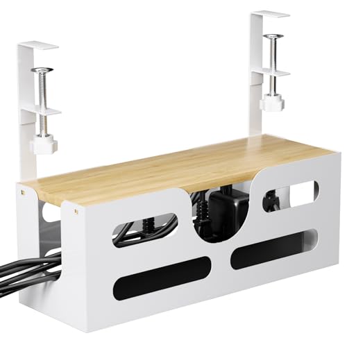 Punmoy Under Desk Cable Management Box with Lid, Large Cable Management Tray, Cord Organizer for Desk with Adjustable Clamps for Home and Office