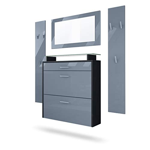 Vladon Garderobe Malea, Garderobenset bestehend aus 1 Hängeschuhschrank, 1 Wandspiegel und 2 Garderobenpaneele, Schwarz matt/Grau Hochglanz Vladon Garderobe Malea, Garderobenset bestehend aus 1 Hängeschuhschrank, 1 Wandspiegel und 2 Garderobenpaneele, Schwarz matt/Grau Hochglanz