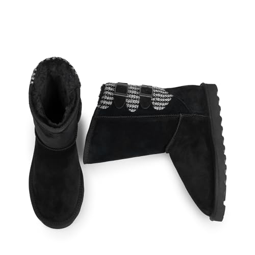 DREAM PAIRS Women's Mid Calf Winter Snow Boots Fashion FuzzyChic Buckle Booties,Size 12,Black,SWEATY-BUCKLE