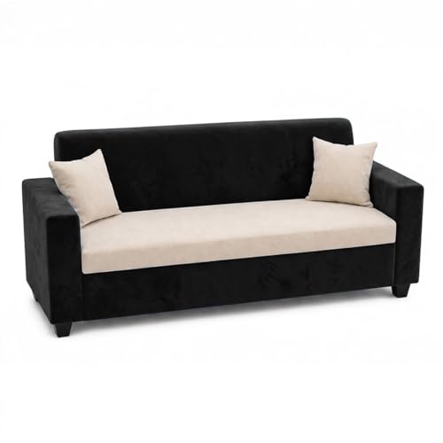 Image of FURNY QualityWood 3 Seater + 1 Seater + 1 Seater Fabric Sofa Set (Cream-Black) with Velvet Finish | Durable Comfort | Ideal for Living Room