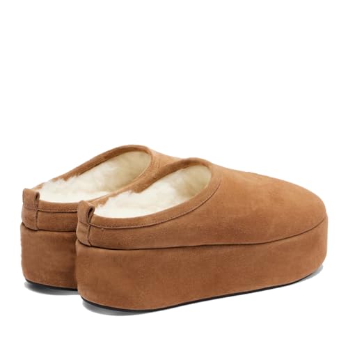 Women's Brown Suede Slippers with Fur Lining Round Closed Toe Slip On Winter Warm Flat Mules2