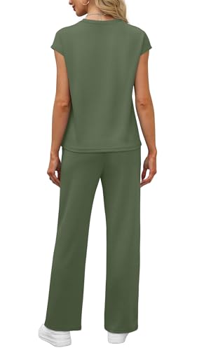 Image of WIHOLL 2 Piece Sets for Women Casual Summer Travel Vacation Outfits Cap Sleeve Lounge Set