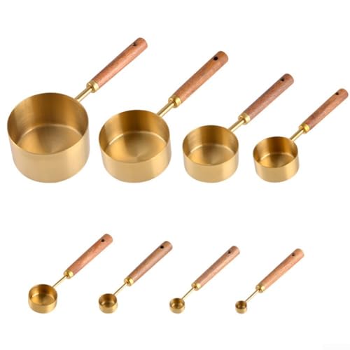 Juego de 8 tazas y cucharas medidoras de acero inoxidable dorado, herramientas para hornear con mango de madera con medidas, tazas medidoras para cocinar, hornear, suministros para hornear secos y