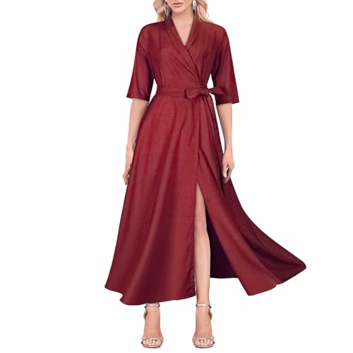 Mingyuezai Damen Leinen Wickelkleid V-Ausschnitt Schnüren Halbarm Maxikleid, Z2967rd, Mittel