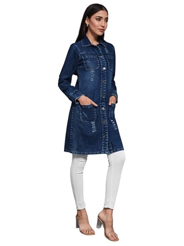 Image of Miss Chase Women's Polo Neck Full Sleeves Patch Pocket Denim Overcoat Knee-Length Jacket