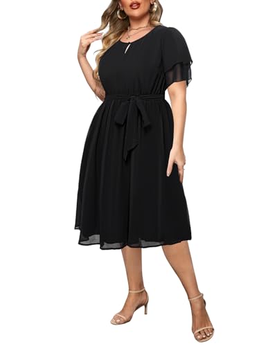 Pinup Fashion Plus Size Dresses for Wedding Guest - Semi Formal Cocktail Chiffon Keyhole Neck Knee Length Dress2