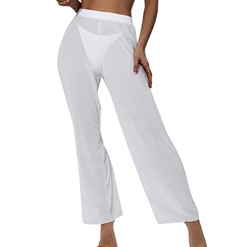 Damen Mesh Rüschen Cover Ups Hose Transparent Durchsichtige Hosen Bikini Bottom Cover Up Hohe Taille Weites Bein Strandhose Badeanzug Hosen Frauen...