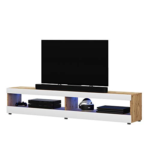 Selsey Viansola - Mueble TV - 140 cm - Roble Lancaster/Blanco Brillo - con iluminación LED