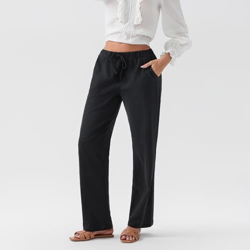 Wide Leg Linen Pants Women Casual Drawstring Low Waist Beach Pants Trendy Loose Lounge Pants Trousers with Pockets3