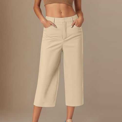 Wide Leg Cropped Pants for Women Elastic High Waisted Smart Casual Dress Pants Plus Size Loose Fit Stretch Straight Trousers2
