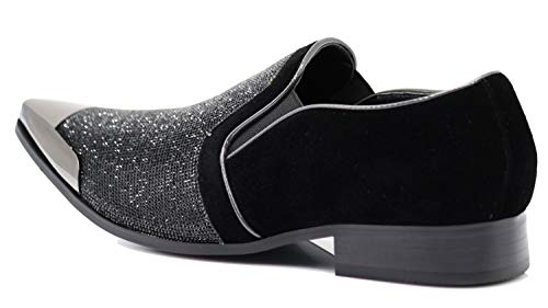 Image of Enzo Romeo Crisiano Men Rhinestone Chrome Toe Suede Pointy Dress Loafer Slip On Shoes