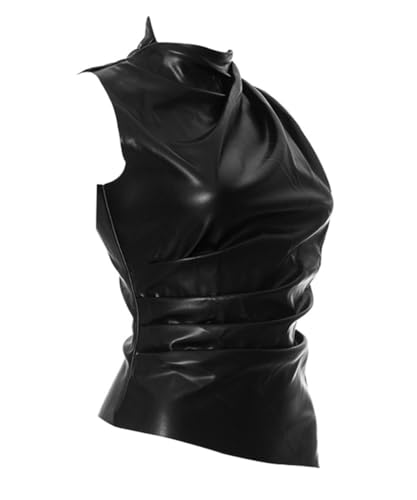 Women's Sexy PU Leather Sleeveless Tank Tops Pleated Slim Fit Mock Neck Asymmetrical Ruched Blouse T Shirt with Zipper4