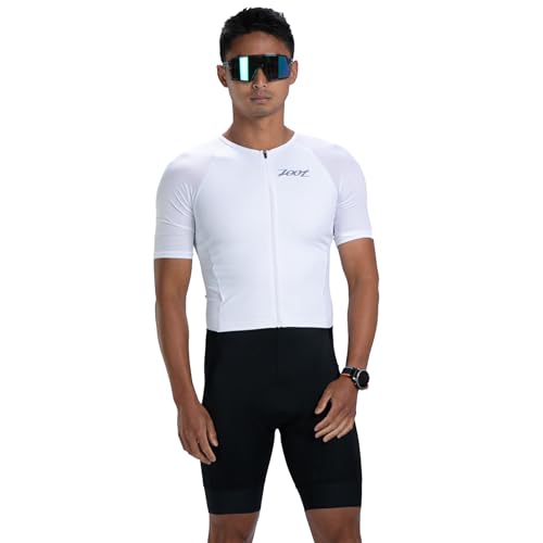 Zoot Mens Core Tri Aero FZ Racesuit Short Sleeve Moisture-Wicking Triathlon Suit Plush Chamois & Storage for Race Day - White - 2X-Large