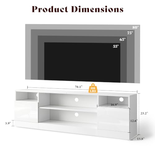 Image of AMERLIFE 70 inch LED TV Stand for TVs up to 80 inch, Modern Entertainment Center with Storage Cabinets & Open Shelves, High-Gloss TV Console for Living Room, Bedroom, White