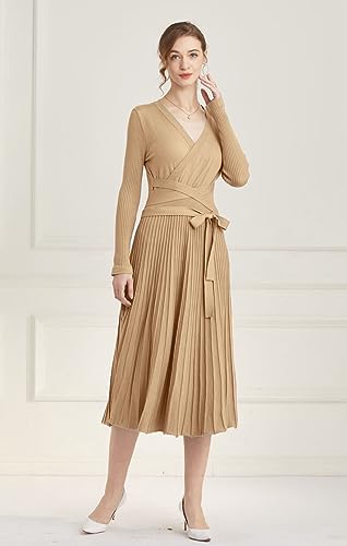 Image of Women's Long Sleeve Sweater Dress Ankle Length Fall Dress Vneck Knit Winter Dress