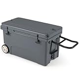 Goplus Portable Hard Cooler, Insulated Rolling Cooler w/6-Day Ice Retention, Pull Handle, Wheels, Outdoor Ice Chest Box w/2 Cup Holders, Ruler, Bottle Opener, for Camping, Fishing, Beach (Gray, 75QT)