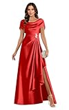 INEWER Womens Ruffle Mother of The Groom Dresses with Cape Red Beaded Satin Evening Gowns with Slit US Size 14