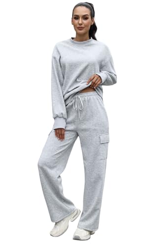 SotRong Women's 2 Piece Sweatsuit Tracksuit Set Oversized Crewneck Sweatshirt & Wide Leg Cargo Jogger Pants with Drawstring Casual Leisure Suits Cozy Winter Loungewear Grey XL