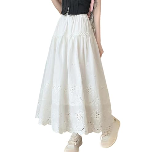 Pulcykp Women Embroidery Eyelet Hollow Out Vacation Skirts Cotton Blend Semi Sheer Flowy Boho Summer Skirt