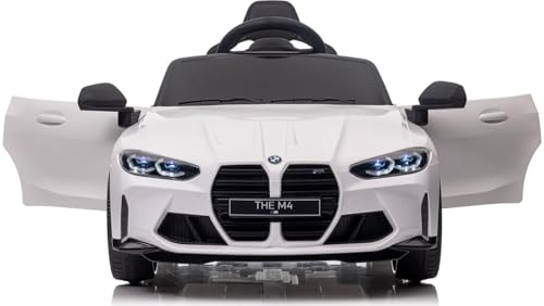 BMW M4, MPower- 90W, 12V-14ah, Eva Räder, Ledersitz, Kinderauto Kinderfahrzeug Kinder Elektroauto, Bluetooth, Fernbedienung 2.4G (Weiß)