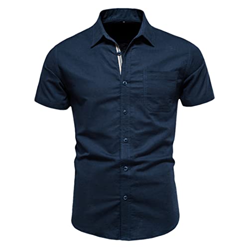 Pohullan Camisas de algodón de manga corta para hombre, color sólido, camisas sociales para hombre, camisas de un solo bolsillo, azul marino, S