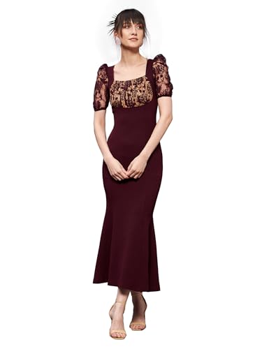 Image of Miss Chase Womens Bodycon Square Puff Sleeve Solid Lace Overlaid Ankle Length Dress