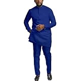 African Suits for Men Slim Fit Dashiki Long Sleeve Shirt and Pant 2 Piece Attire Traditional Outfits Royal Blue L