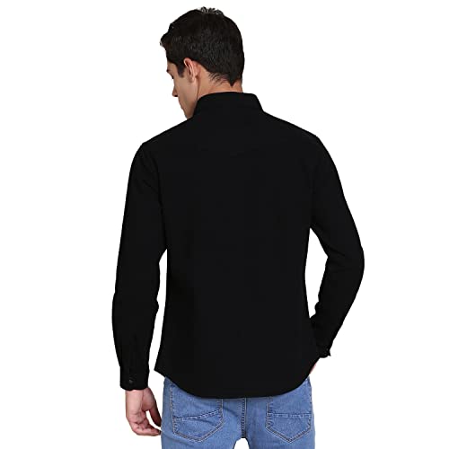 Image of Dennis Lingo Men's Solid Denim Cotton Slim Fit Full Sleeve Casual Shirt with Flap Pockets and Snap Buttons