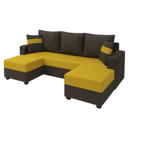 Image of FURNY Opalz Premium 3 Seater Fabric Sofa Set with 2 Ottomans for Living Room-Modern Fabric Sofa for Living Room | with Velvet Fabric |in Yellow & Grey Color | Durable Comfort | Mode