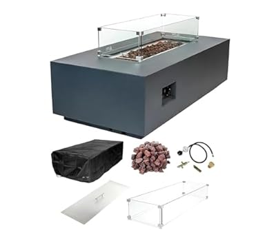 AMS Creations | Chelsea 55 inches Rectangular Propane Gas Outdoor Fire Pit Table | Concrete GFRC Fire Pit Table | with SS Burner, Canvas Cover, SS Lid, Lava Rock, and Wind Guard Included