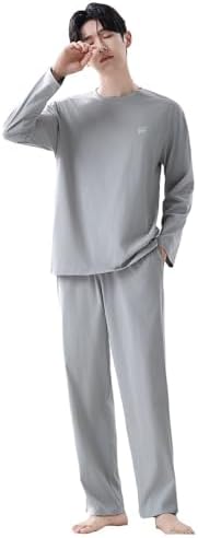 Men's Pajamas, 100% Cotton, Top and Bottom Set, Long Sleeve, Plain, Loungewear, Round Neck, Thin, Sweat Absorbent, Breathable, Thin, Soft, Gentle on the Skin, Comfortable, Loose, Stylish