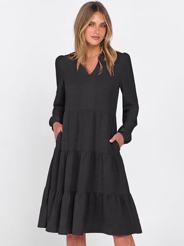 ANRABESS Womens Fall Midi Dresses Long Sleeve V Neck Swing Tiered Work Business Casual 2025 Flowy Beach Vacation Dress3