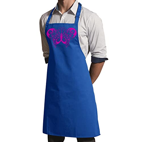 Tablier cuisine premium bleu au design de papillon rose