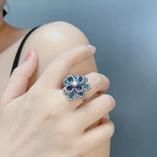 Exquisite Camellia Flower Open Statement Ring Cubic Zirconia Blue Crystal Blossom Adjustable Stacking Rings Wedding Promise Eternity Finger Bands Delicate Jewelry Gifts for Women Bridal2