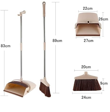 TRADY Broom and Dustpan Set for Home,Long Handle Lightweight 180° Rotating Broom Combo, Standing Dust Pan with CombTeeth for Kitchen Room Office Lobby Floor Cleaning (Cream & Brown)