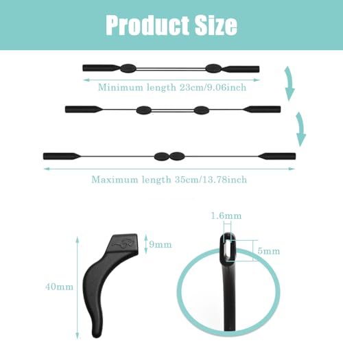 XFentech Black Eyewear Retainer Set - 2 Pcs Adjustable Silicone Eyeglasses Strap with 2 Pairs Anti-Slip Ear Hooks for Sunglasses Reading Glasses for Men Women Children