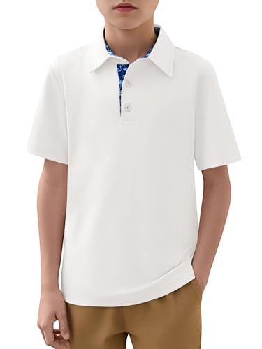 Haloumoning Boys Short Sleeve Polo Shirts Kids Athletic Performance Golf Polo School Uniform Collared Shirt 5-14Y White