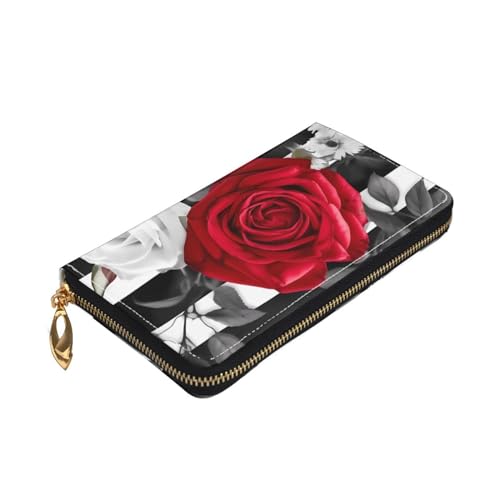 Black White Stripes Red Rose Flowers Women's Wallet Large Capacity Credit Card Holder Zip Phone Clutch Ladies Travel Purse3