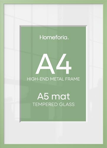Image of Homeforia A4 Picture Frame Sage Green, High End Metal 8.3 x 11.7 inch Poster Frames with Mat 5.8 by 8.3 Art, A4 Size Frame Matted to A5 Photo, 8.3x11.7 Wall or Tabletop Frame, Tempered Glass, Set of 1