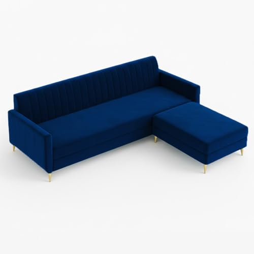 Image of SOCOZI Morello 4 Seater L Shape Sofa Set with Movable Ottoman | Flexible Left or Right Layout | Soft Velvet Suede Fabric | Modern Design | Plush Comfort Cushions for Living Room (Dark Blue)